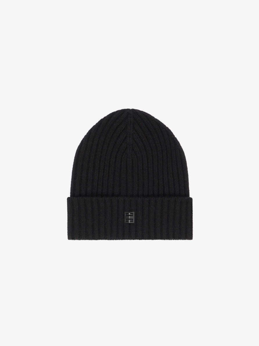 Men Givenchy Beanies & Caps | Ribbed Beanie In Wool And Cashmere Black