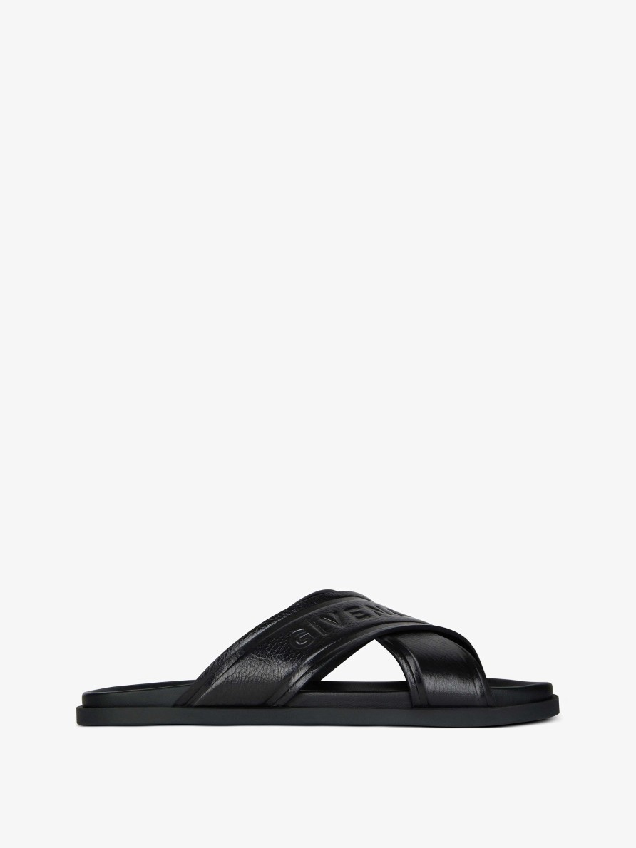 Men Givenchy Slides & Sandals | G Plage Flat Sandals With Crossed Straps In Leather Black