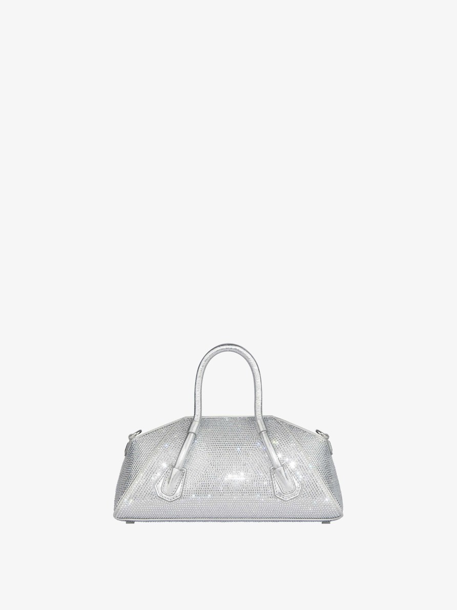 Women Givenchy Antigona | Mini Antigona Stretch Bag In Satin And Strass Silvery Grey