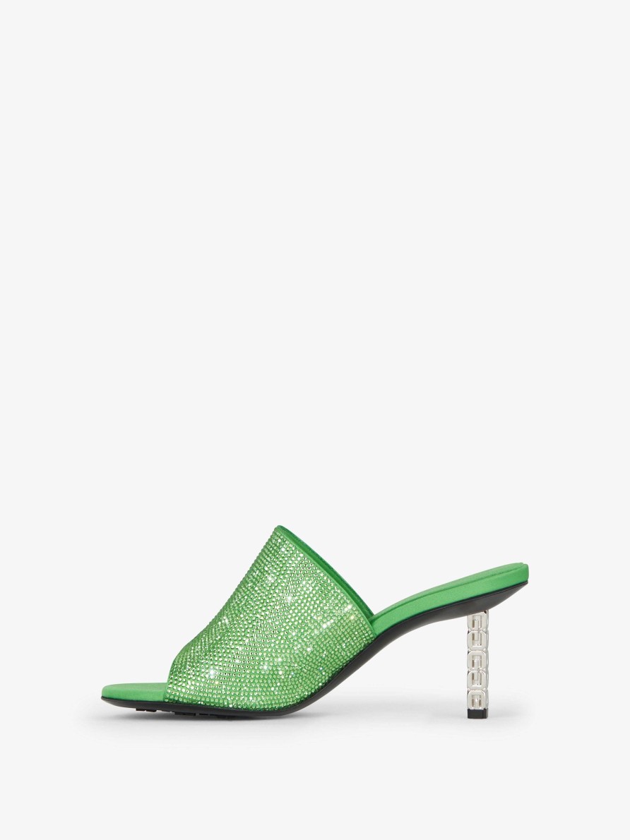 Women Givenchy Heels | G Cube Mules In Satin With Strass Absynthe Green