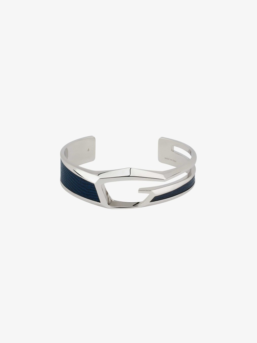 Men Givenchy Jewelry | Giv Cut Bracelet In Metal And Leather Blue/Silvery