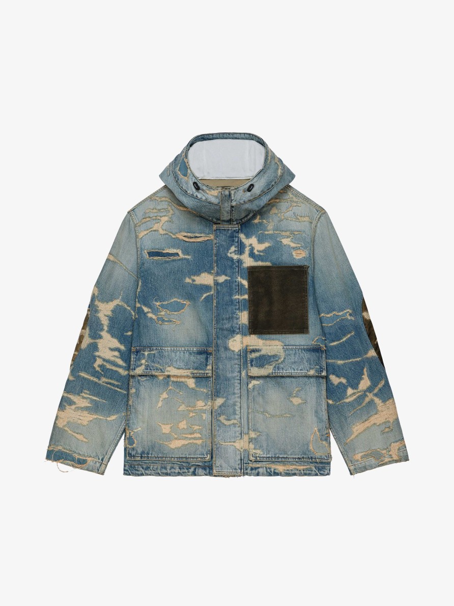 Men Givenchy Denim | Hooded Jacket In Destroyed Denim And Moleskin Medium Blue