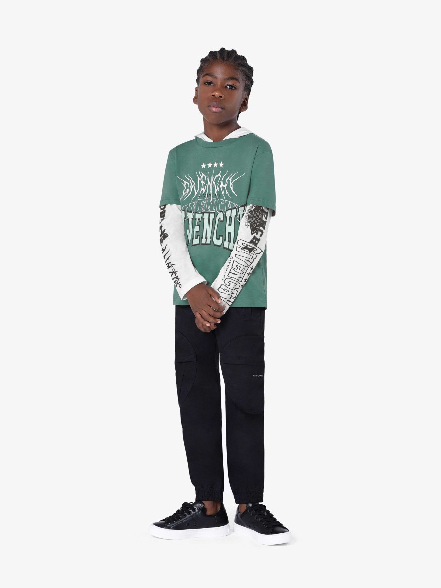 Men Givenchy Boy (4 To 12 Years) | Overlapped Hooded T-Shirt In Cotton White/Greyish Green