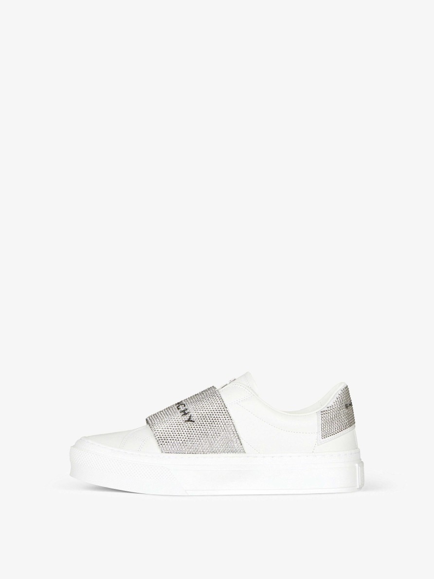 Women Givenchy Sneakers | City Sport Sneakers In Leather With Strass Strap White/Silvery