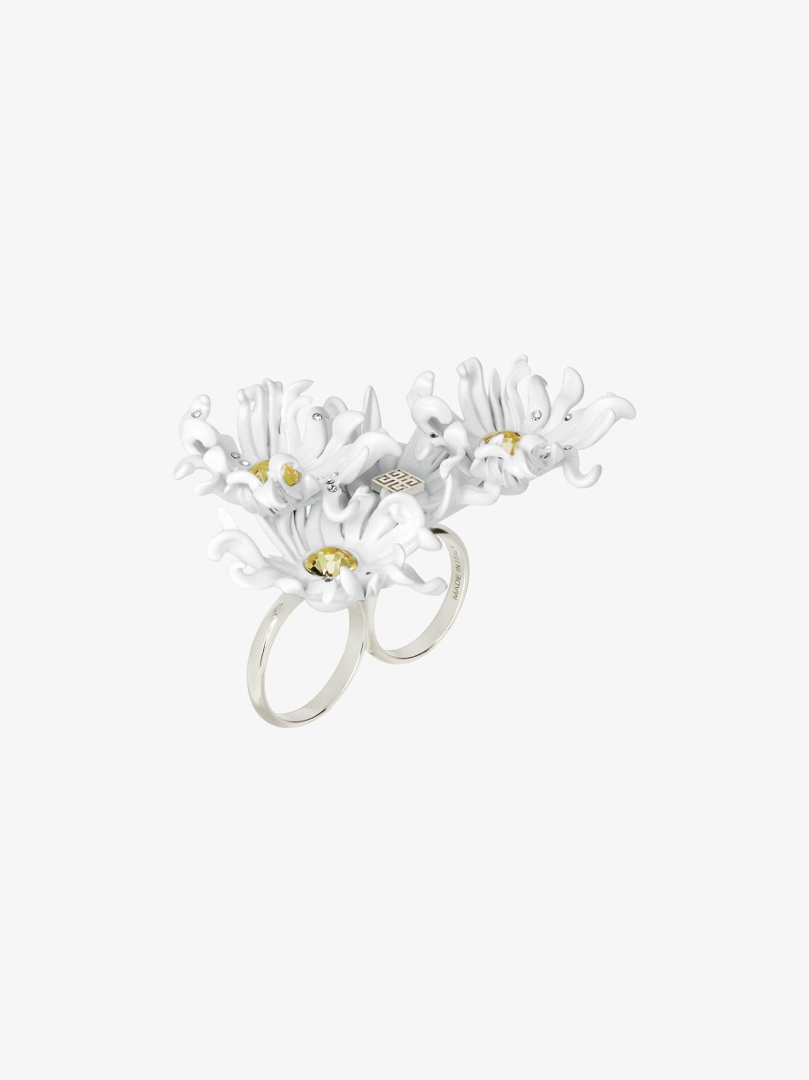 Women Givenchy Jewelry | Daisy Double Fingers Ring In Metal And Enamel With Crystals Off White