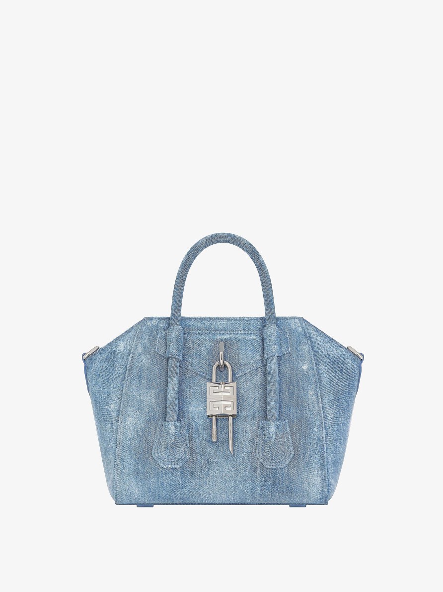 Women Givenchy Antigona | Mini Antigona Lock Bag In Washed Denim Medium Blue