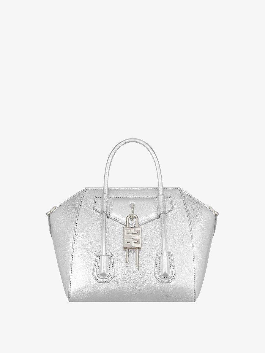 Women Givenchy Mini & Micro Bags | Mini Antigona Lock Bag In Metallized Leather Silvery Grey