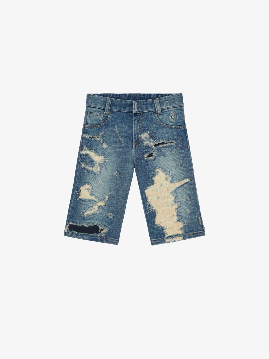 Men Givenchy Boy (4 To 12 Years) | Bermuda Shorts In Destroyed Denim Denim Blue