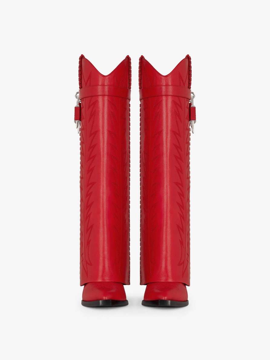 Women Givenchy Boots & Booties | Shark Lock Cowboy Boots In Leather With Western Pattern Red