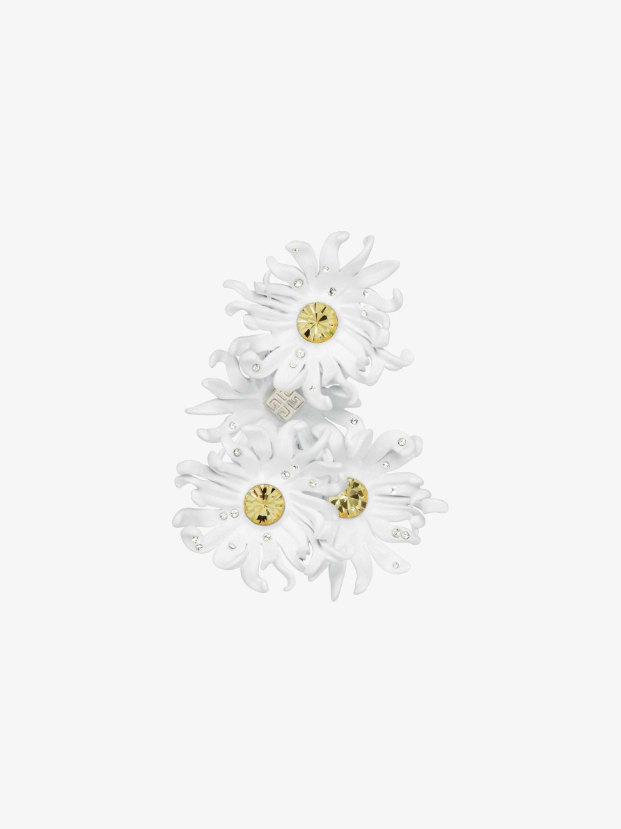 Women Givenchy Jewelry | Daisy Clip Earring In Metal And Enamel With Crystals Off White