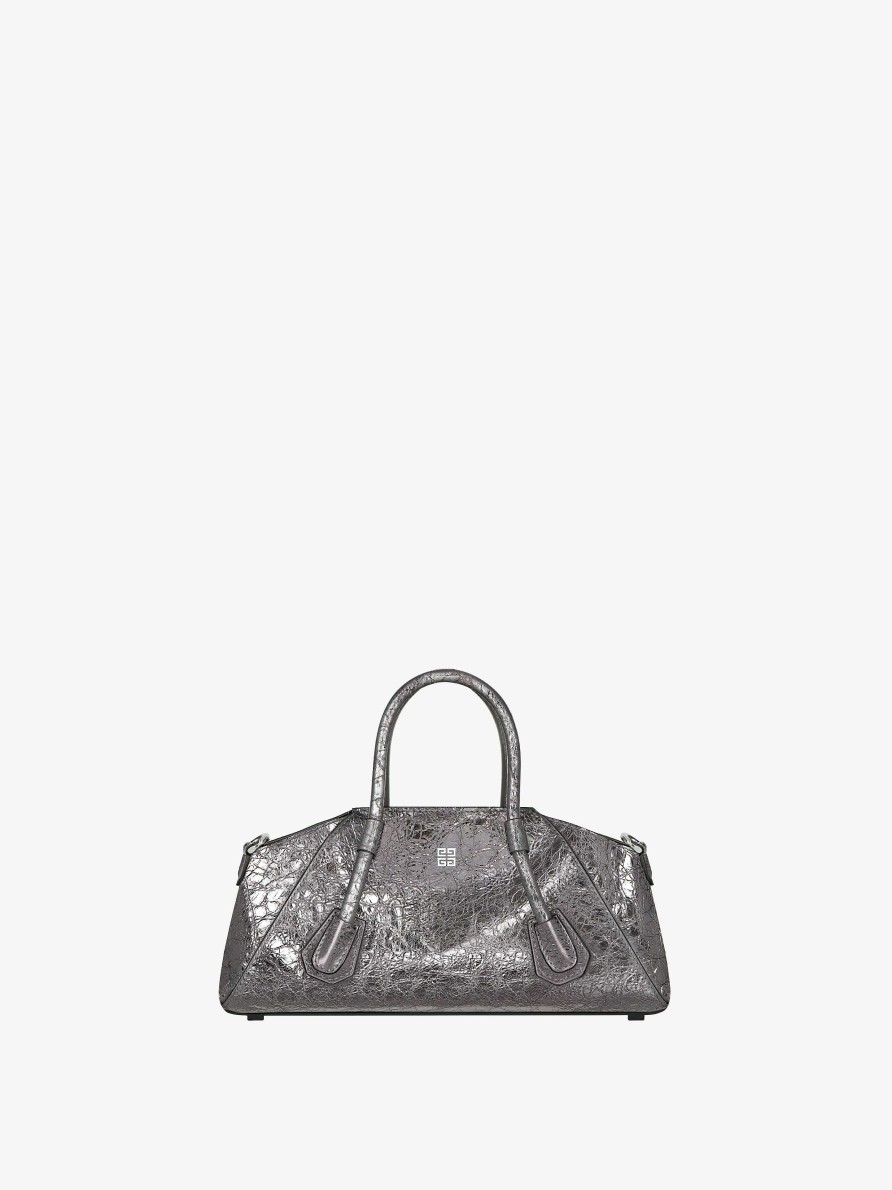 Women Givenchy Antigona | Mini Antigona Stretch Bag In Laminated Leather Silvery Grey