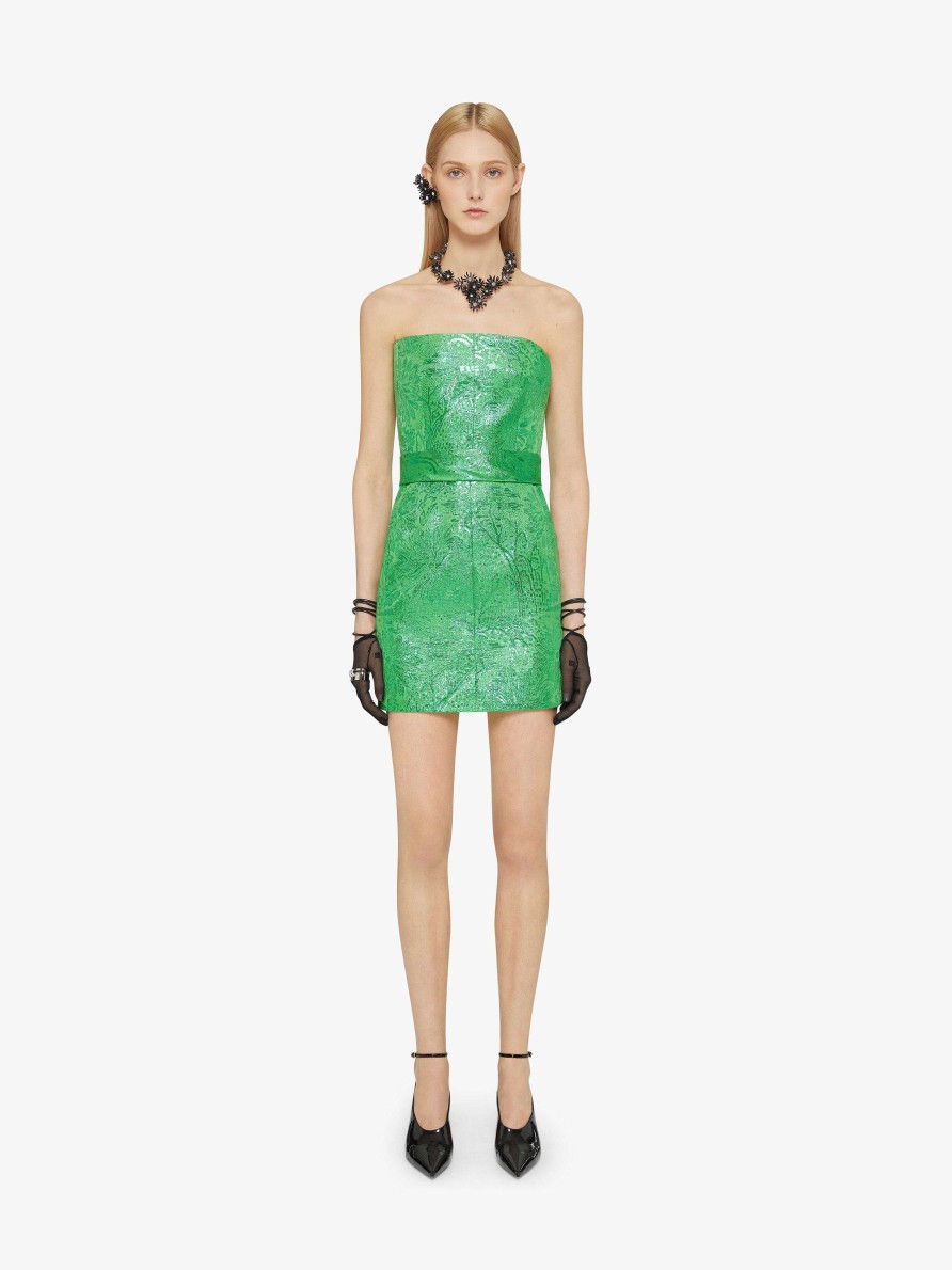 Women Givenchy Dresses | Bustier Dress In Silk Lurex With Floral Jacquard Absynthe Green