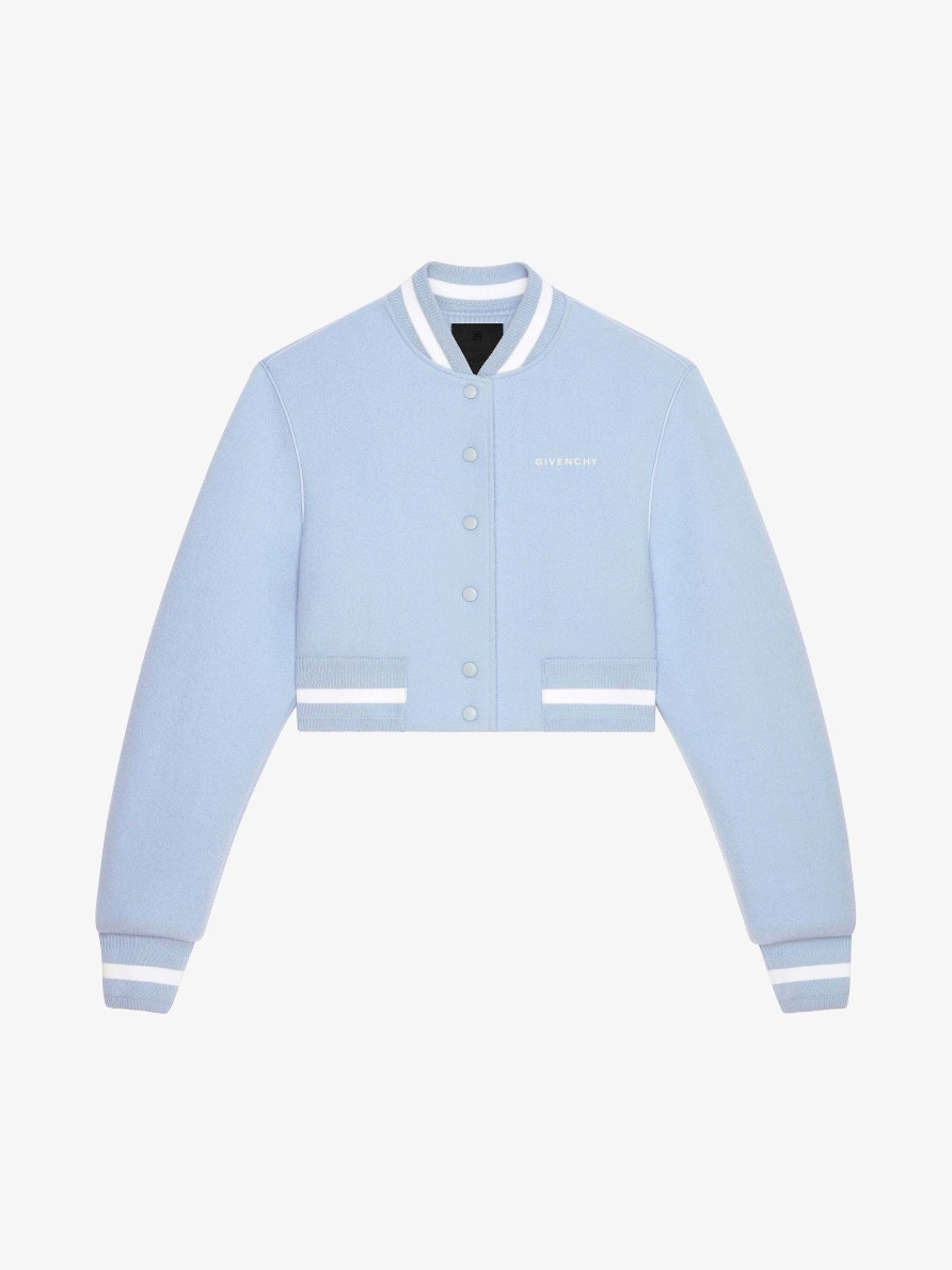 Women Givenchy Outerwear & Blousons | 4G Stars Cropped Varsity Jacket In Wool Light Blue