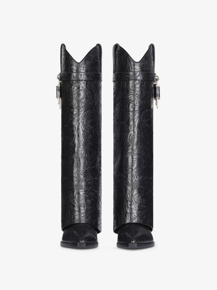 Women Givenchy Shark Lock | Shark Lock Cowboy Boots In Leather With Western Pattern Black