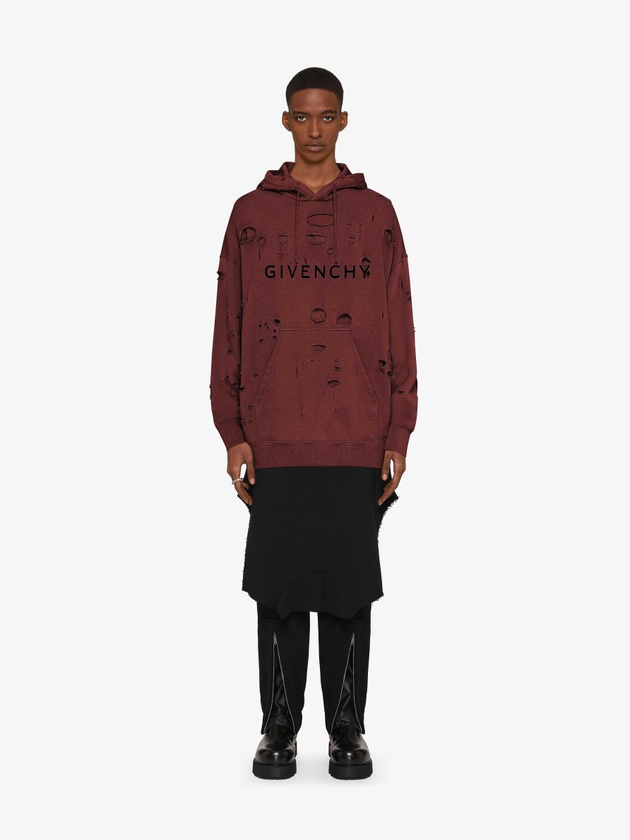 Men Givenchy Sweatshirts & Hoodies | Givenchy Hoodie In Destroyed Fleece Dark Red