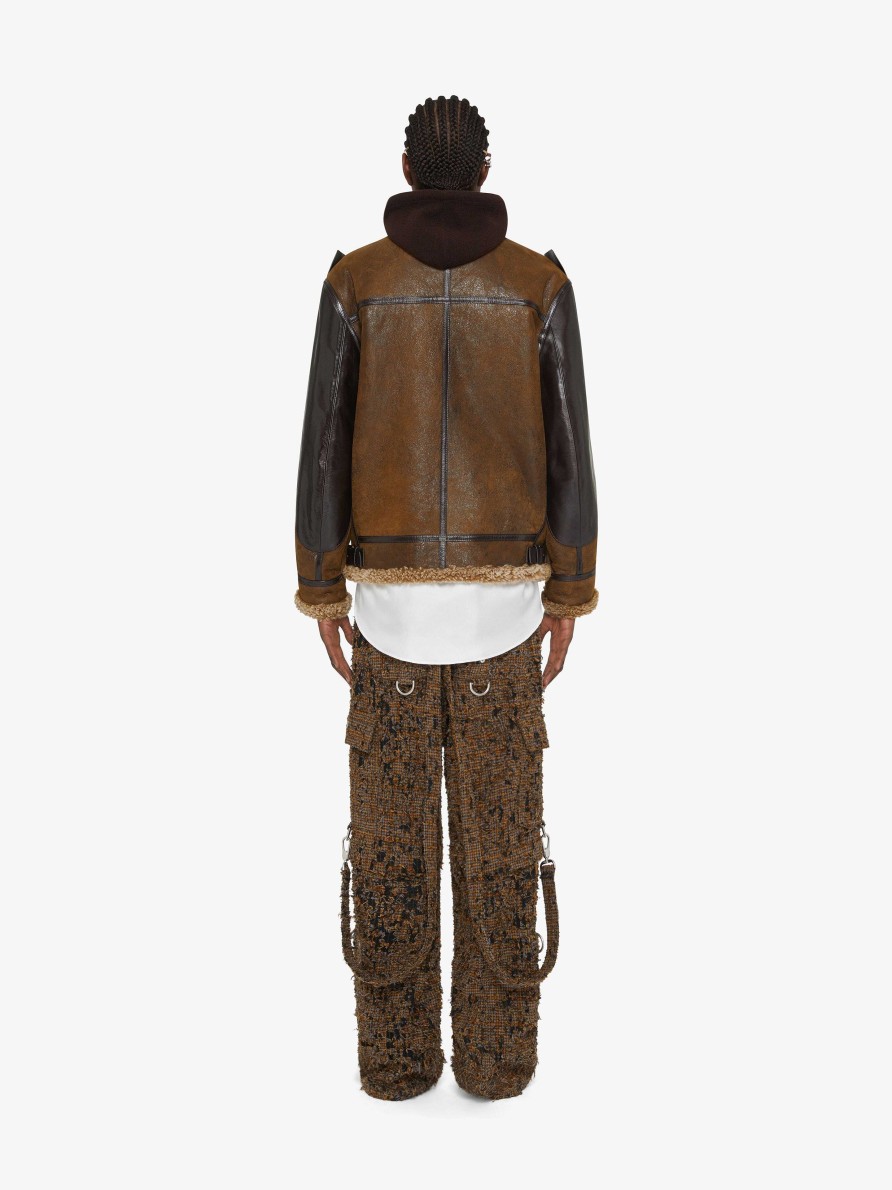 Women Givenchy Outerwear & Blousons | Jacket In Leather And Shearling Brown Mud