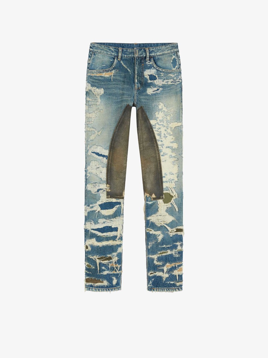 Men Givenchy Denim | Jeans In Destroyed Denim And Moleskin Medium Blue