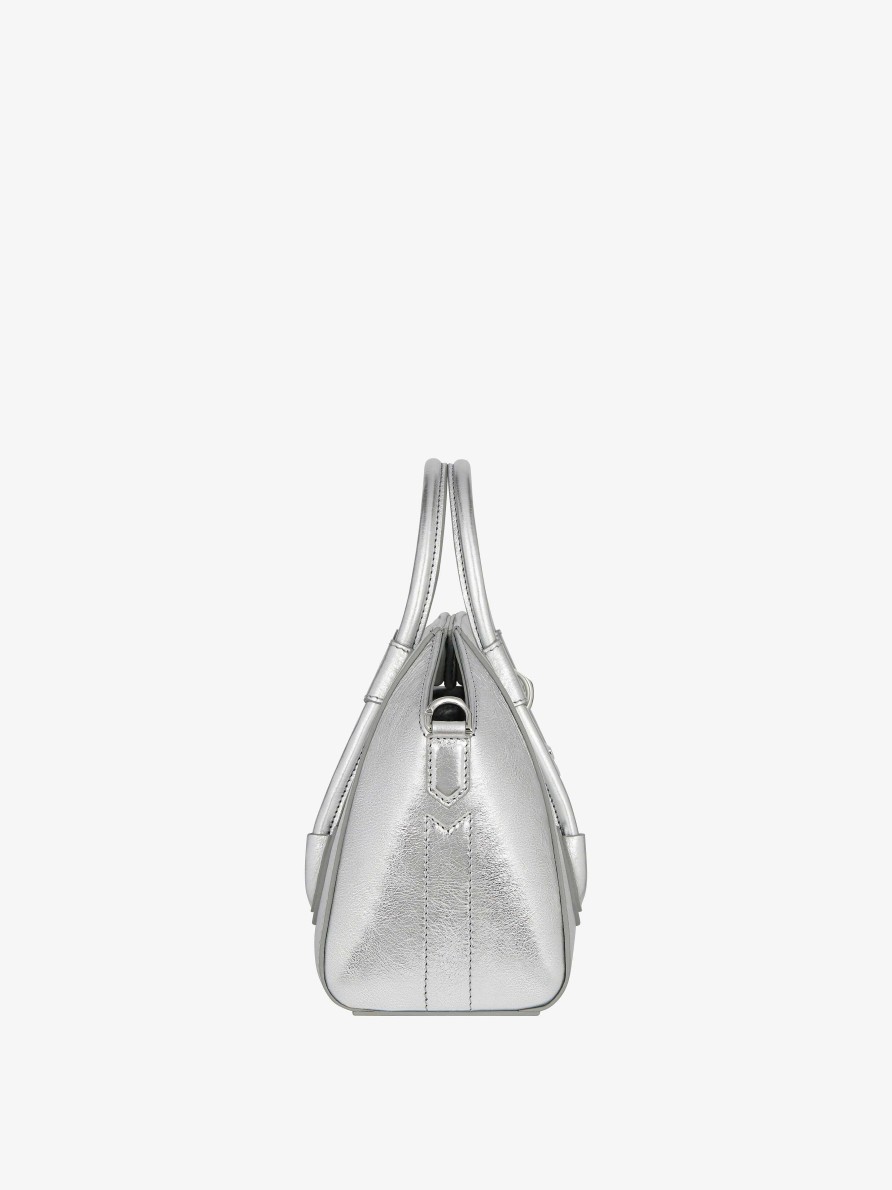 Women Givenchy Mini & Micro Bags | Mini Antigona Lock Bag In Metallized Leather Silvery Grey