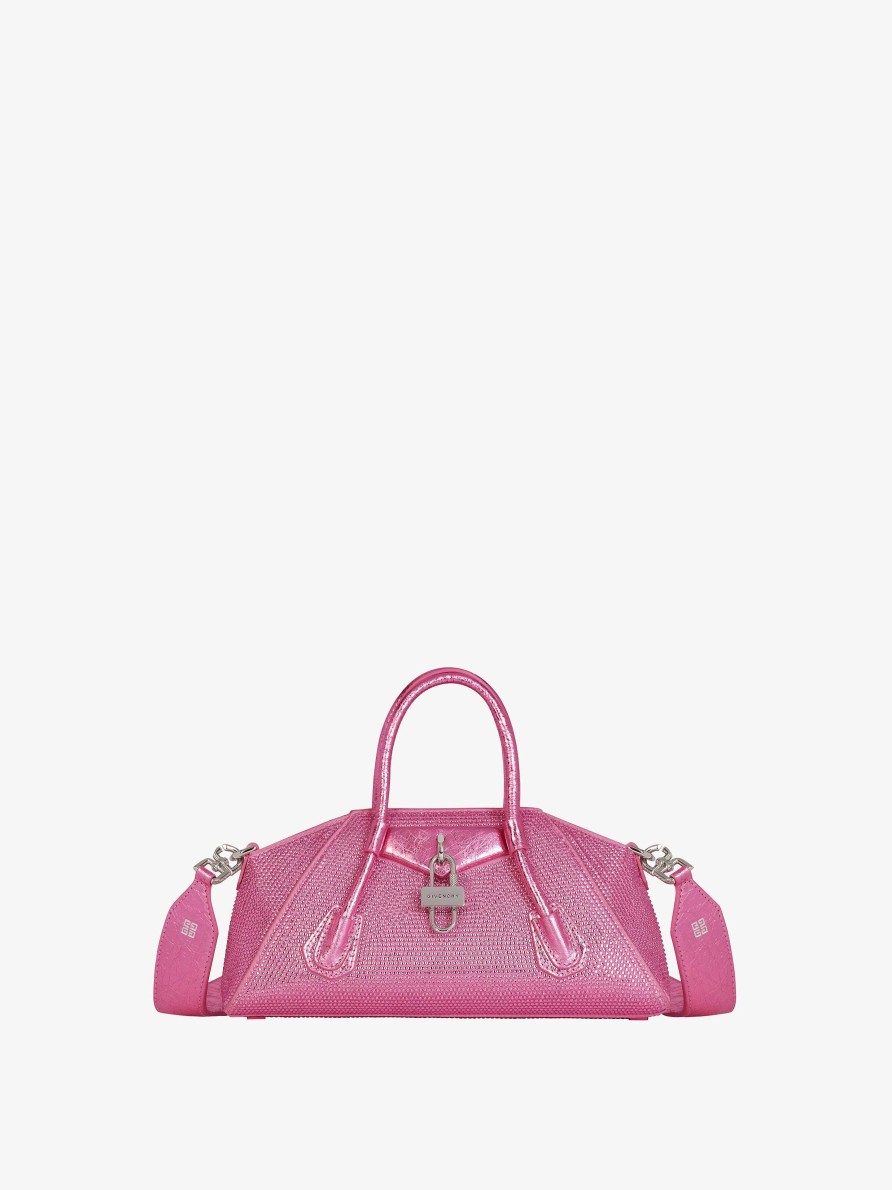 Women Givenchy Antigona | Mini Antigona Stretch Bag In Satin And Strass Neon Pink