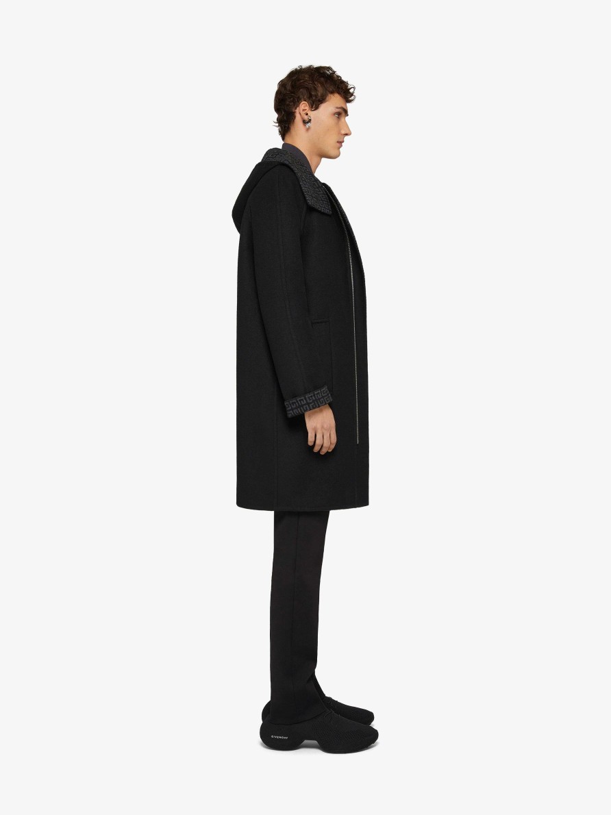 Men Givenchy Jackets & Coats | Coat With Hood In Wool, Cashmere And Silk Black/Grey