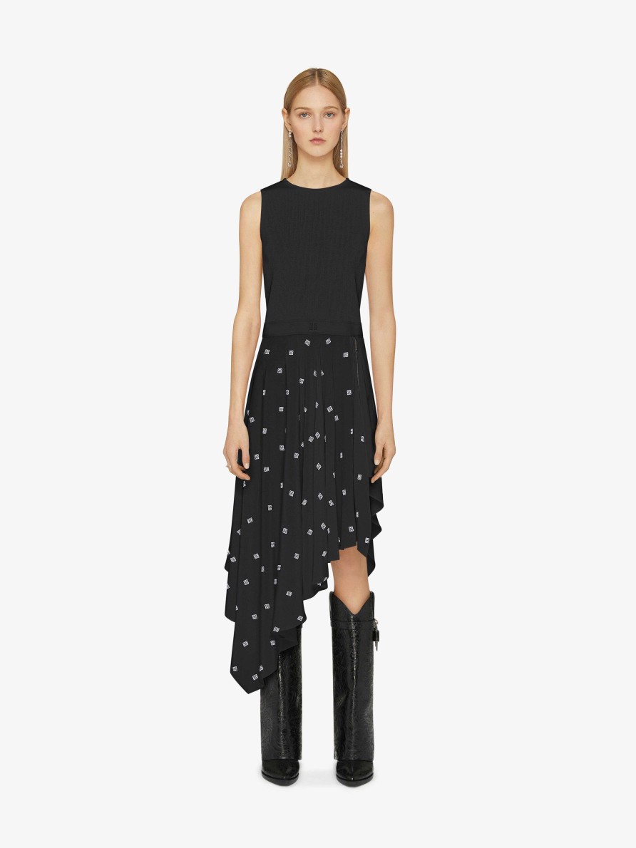 Women Givenchy Dresses | Dress In 4G Silk With Asymmetrical Ruffled Skirt Black