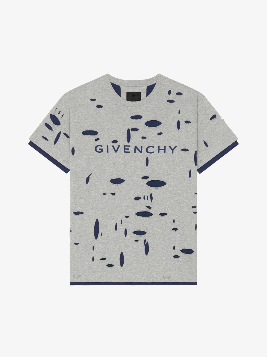 Men Givenchy T-Shirts | Givenchy Oversized T-Shirt In Destroyed Cotton Grey/Blue