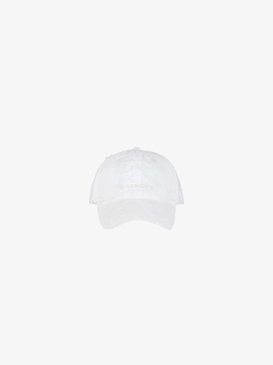 Men Givenchy Beanies & Caps | Givenchy Embroidered Cap In Rip And Repair Denim White