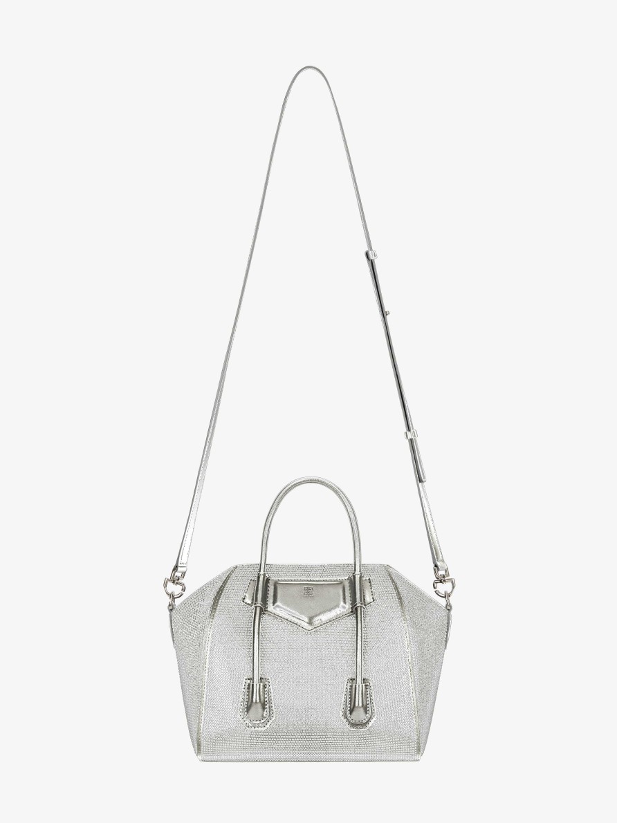 Women Givenchy Antigona | Mini Antigona Lock Bag In Satin, Strass And Leather Silvery Grey