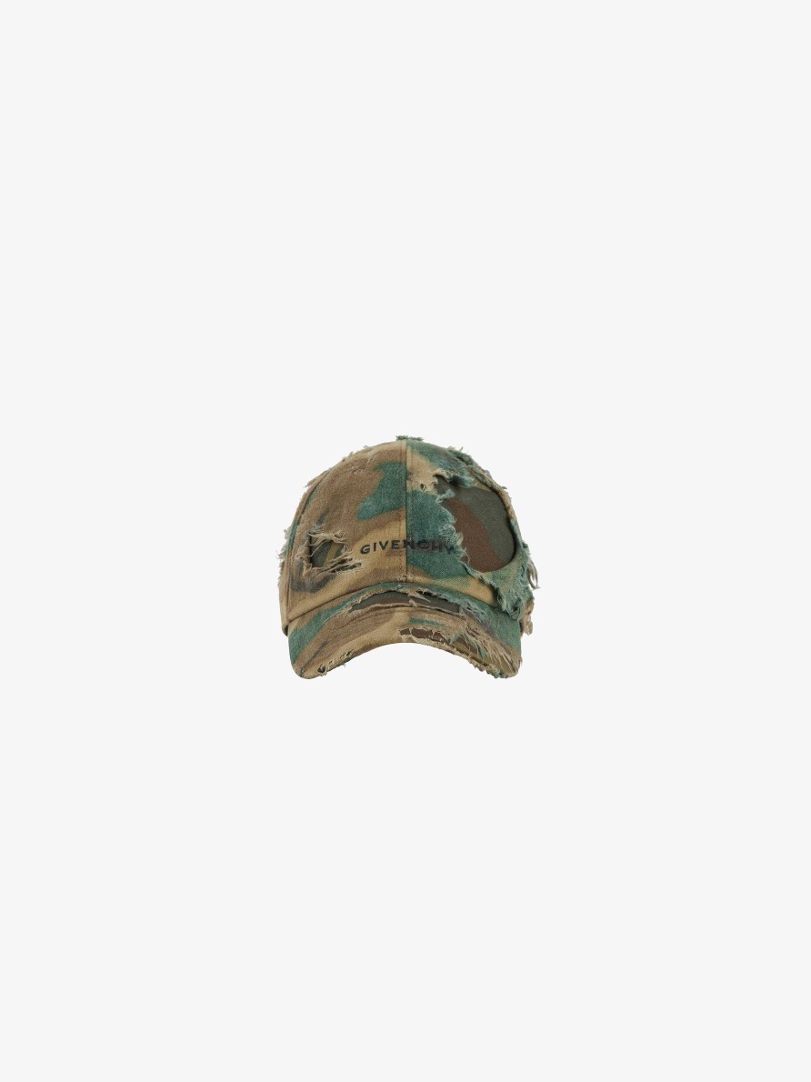 Men Givenchy Beanies & Caps | Givenchy Cap In Ripped & Repaired Camo Denim Brown/Khaki