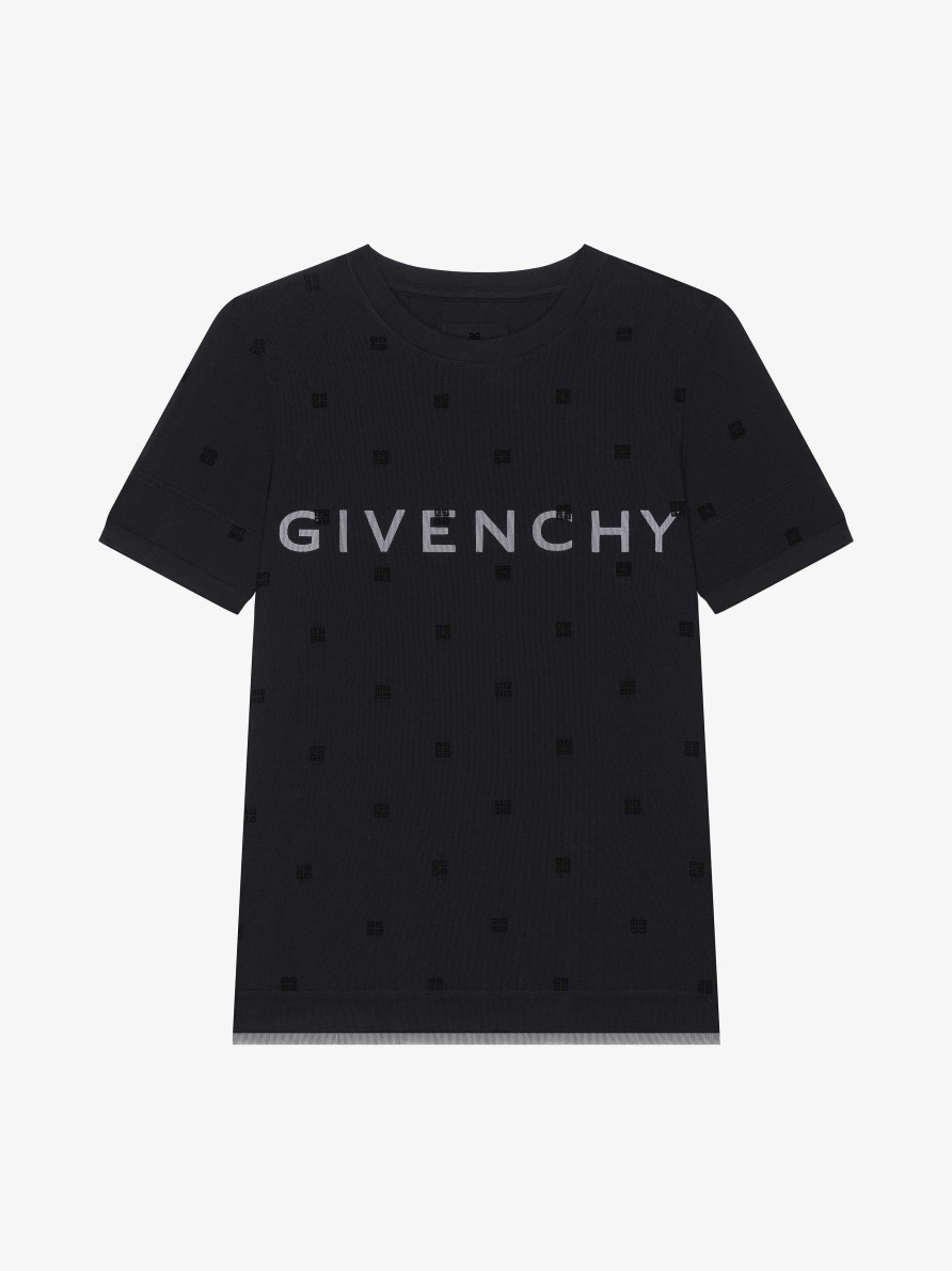 Women Givenchy T-Shirts | Double Layered Fitted T-Shirt In Cotton With 4G Tulle Black