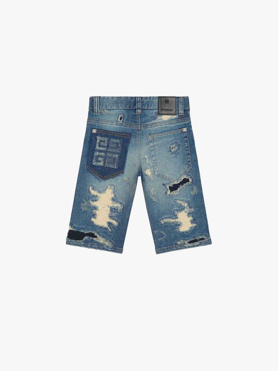 Men Givenchy Boy (4 To 12 Years) | Bermuda Shorts In Destroyed Denim Denim Blue