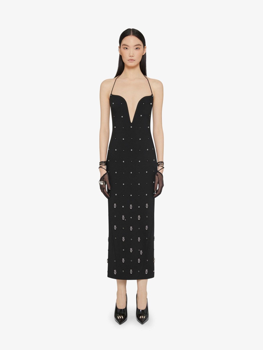 Women Givenchy Dresses | Dress With Plunging Neckline With 4G Rhinestones And Pearls Black