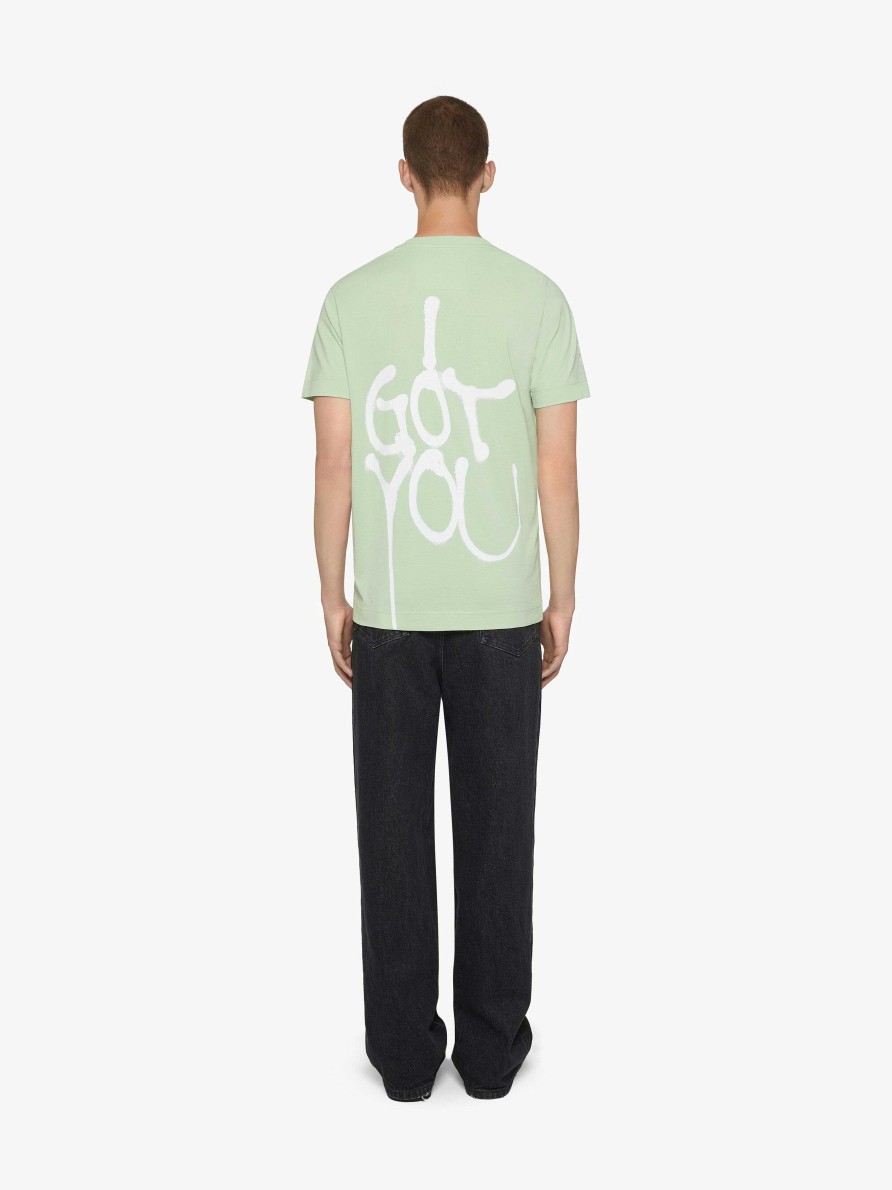 Men Givenchy T-Shirts | Slim Fit T-Shirt In Cotton With Givenchy Prints Aqua Green