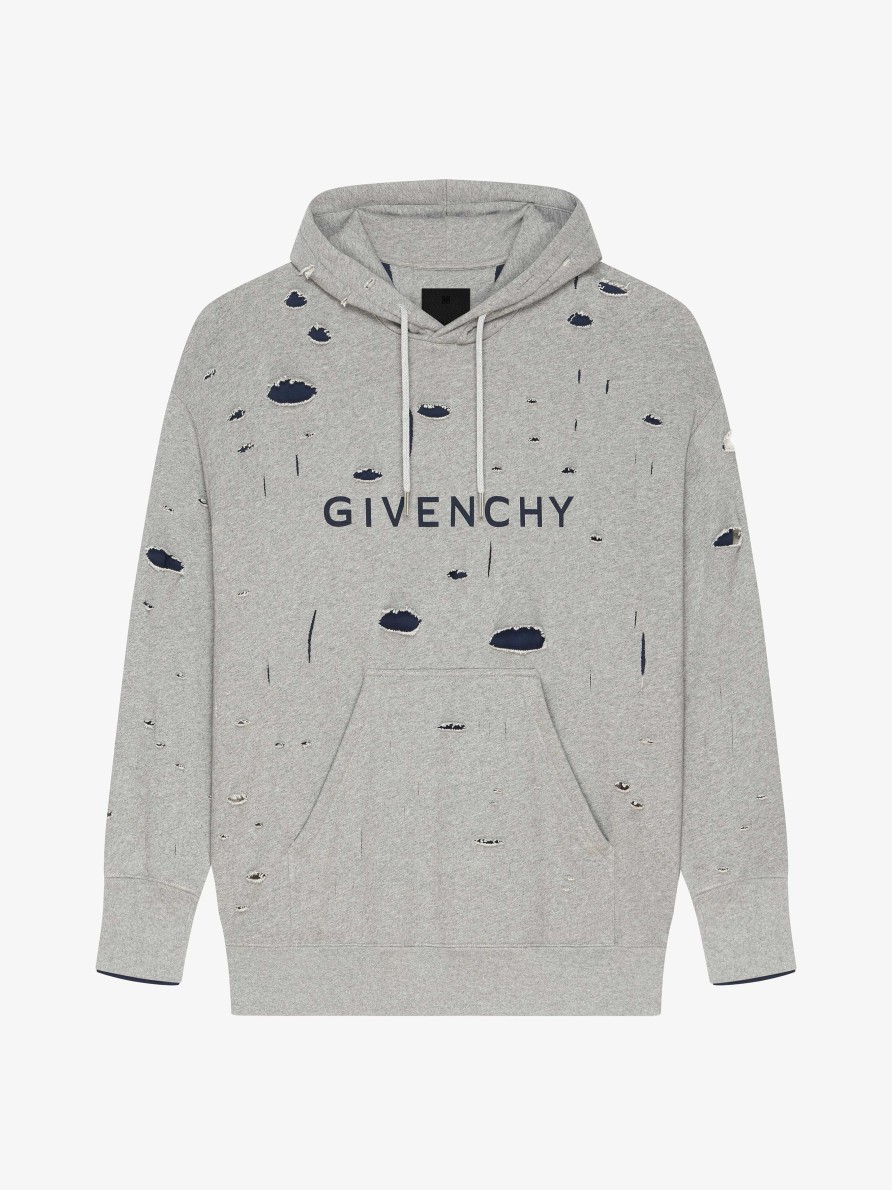 Men Givenchy Sweatshirts & Hoodies | Givenchy Oversized Hoodie In Destroyed Fleece Grey/Blue