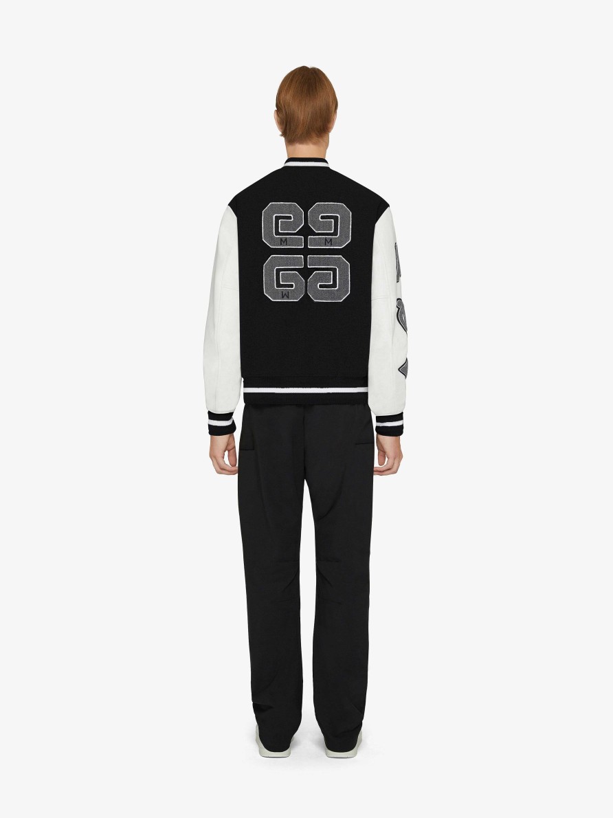 Men Givenchy Outerwear & Blousons | Varsity Jacket In Embroidered Wool And Leather Black/White