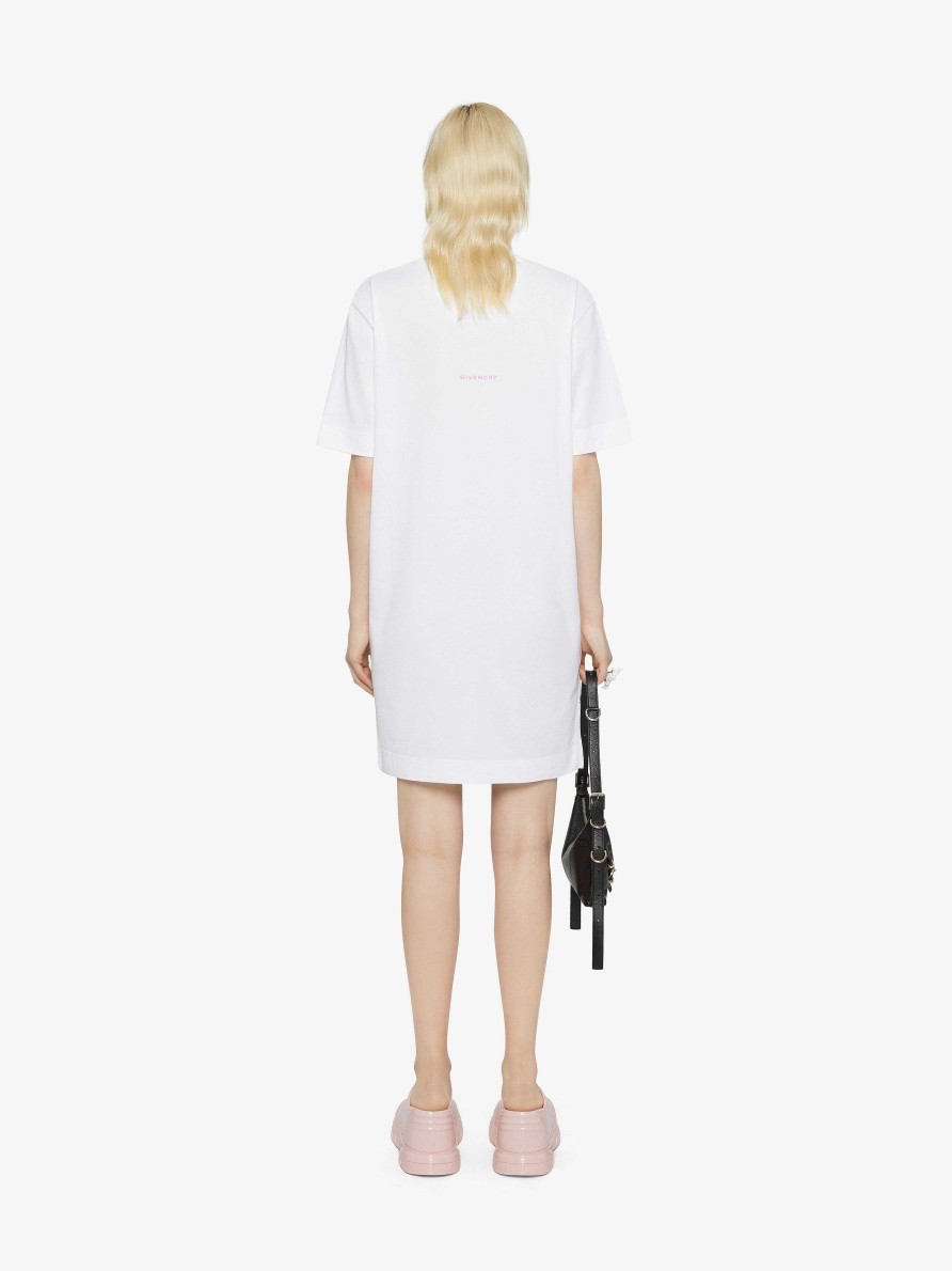 Women Givenchy Dresses | T-Shirt Dress In Cotton With Givenchy 4G Embroideries White/Pink