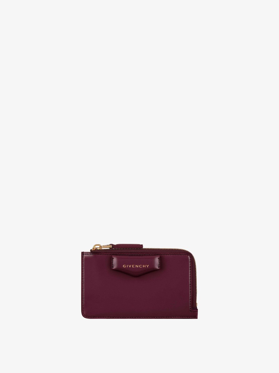 Women Givenchy Small Leather Goods | Antigona Zipped Card Holder In Box Leather Oxblood Red