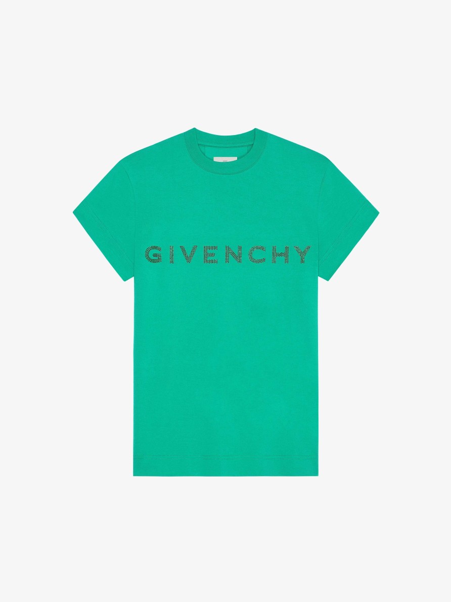 Women Givenchy T-Shirts | Slim Fit T-Shirt In Cotton With Givenchy Rhinestones Absynthe Green