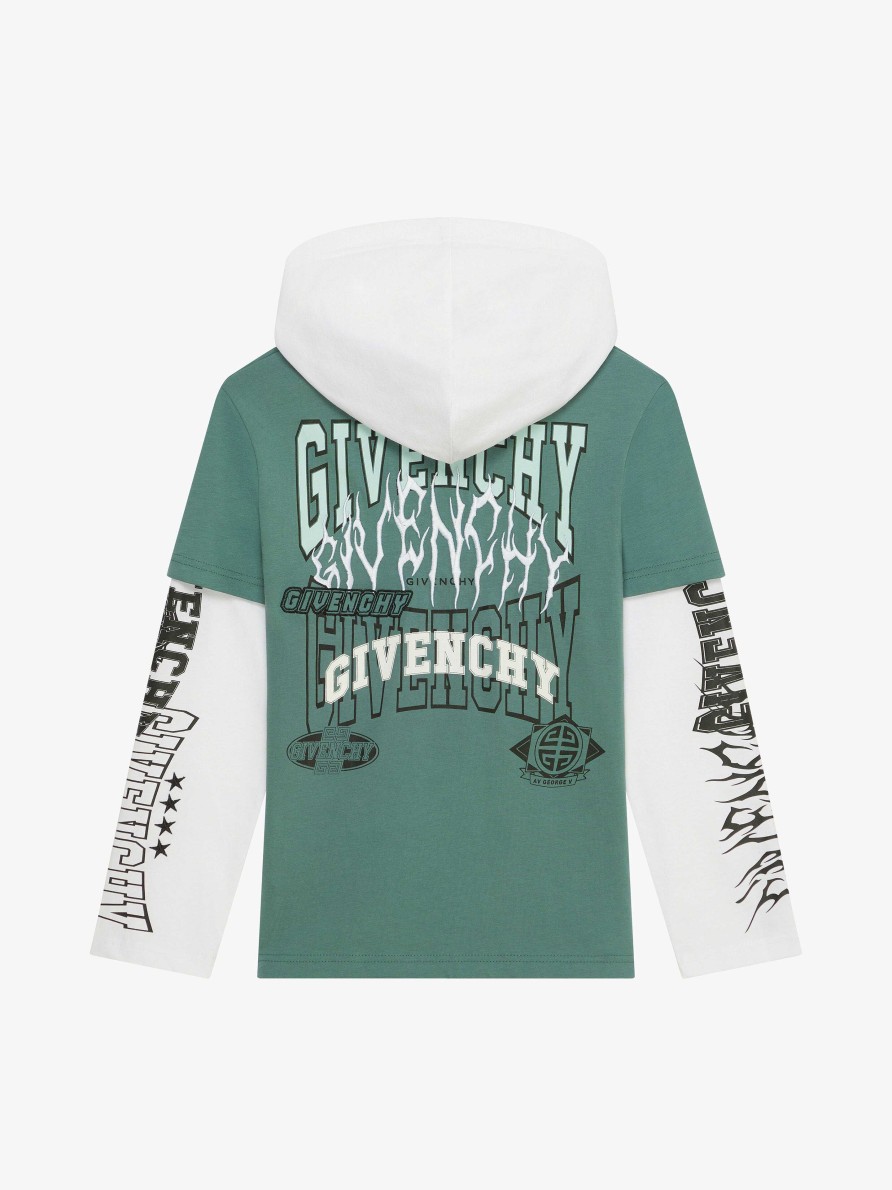 Men Givenchy Boy (4 To 12 Years) | Overlapped Hooded T-Shirt In Cotton White/Greyish Green