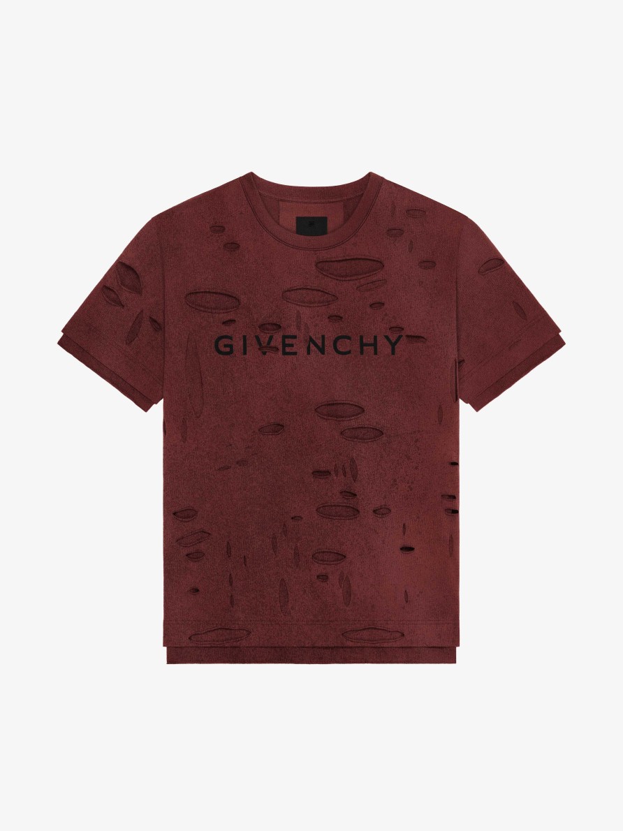 Men Givenchy T-Shirts | Givenchy Oversized T-Shirt In Destroyed Cotton Dark Red