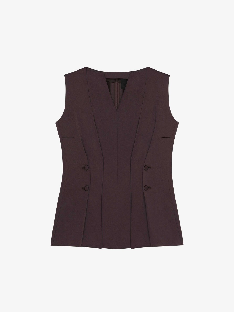 Women Givenchy Tops & Shirts | Top In Crepe With Satin Back With Buttons And Pleated Effect Dark Brown