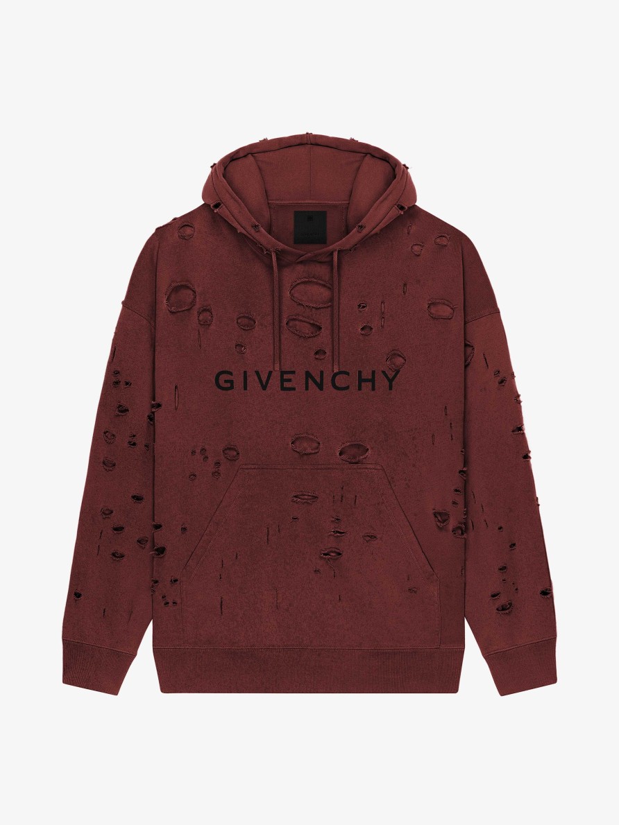 Men Givenchy Sweatshirts & Hoodies | Givenchy Hoodie In Destroyed Fleece Dark Red