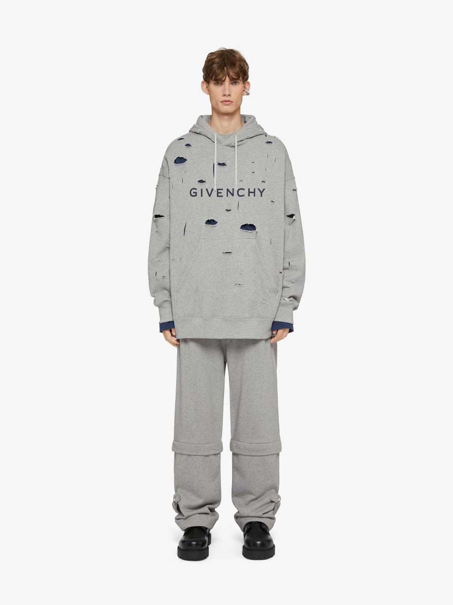 Men Givenchy Sweatshirts & Hoodies | Givenchy Oversized Hoodie In Destroyed Fleece Grey/Blue