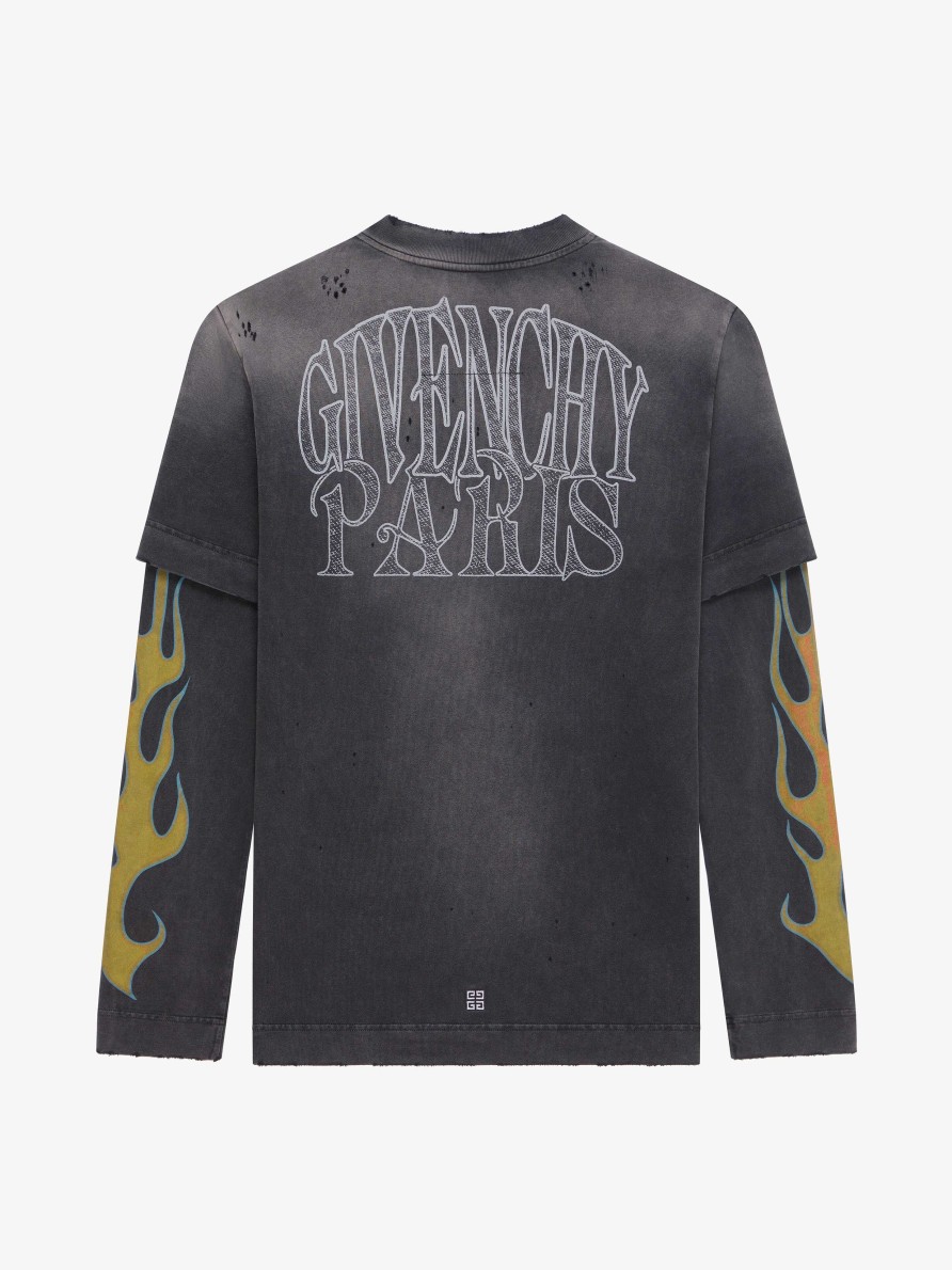 Men Givenchy T-Shirts | Overlapped T-Shirt In Cotton With Givenchy Flames Print Black