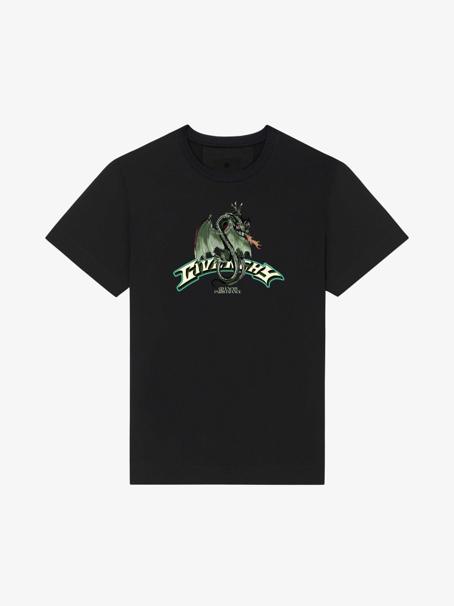 Men Givenchy T-Shirts | Slim Fit T-Shirt In Cotton With Givenchy Dragon Print Black