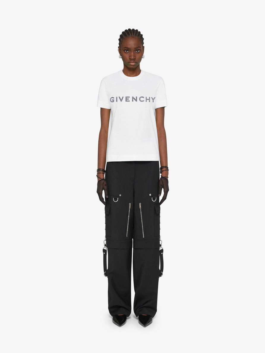 Women Givenchy T-Shirts | Slim Fit T-Shirt In Cotton With Givenchy Rhinestones White