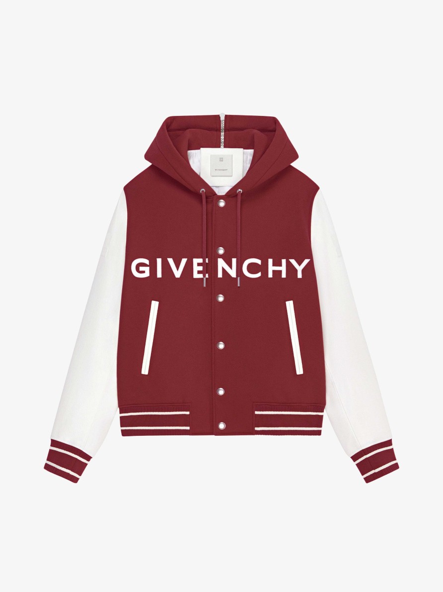 Men Givenchy Outerwear & Blousons | Givenchy Hooded Varsity Jacket In Wool And Leather Burgundy/White