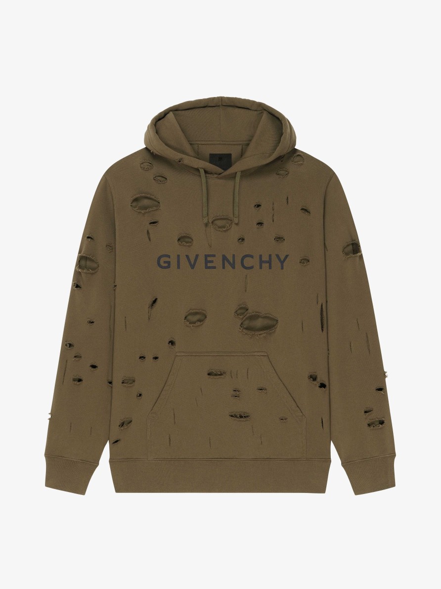 Men Givenchy Sweatshirts & Hoodies | Givenchy Hoodie In Felpa With Destroyed Effect Khaki