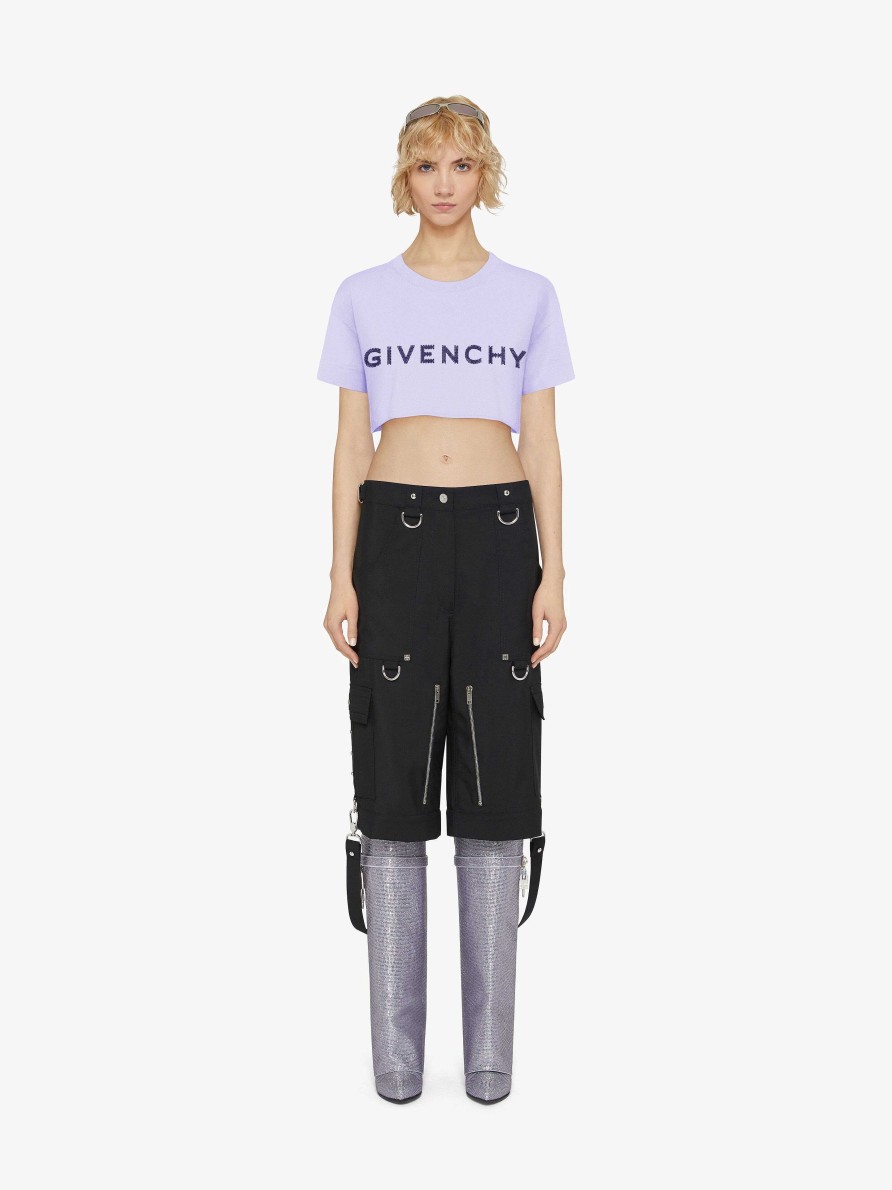 Women Givenchy T-Shirts | Cropped T-Shirt In Cotton With Givenchy Rhinestones Lavender