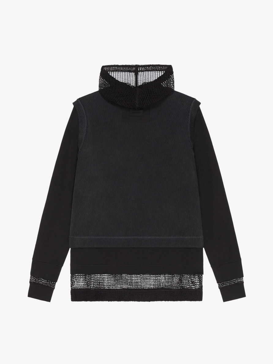 Men Givenchy Sweatshirts & Hoodies | Overlapped Hooded T-Shirt In Cotton And Mesh Black